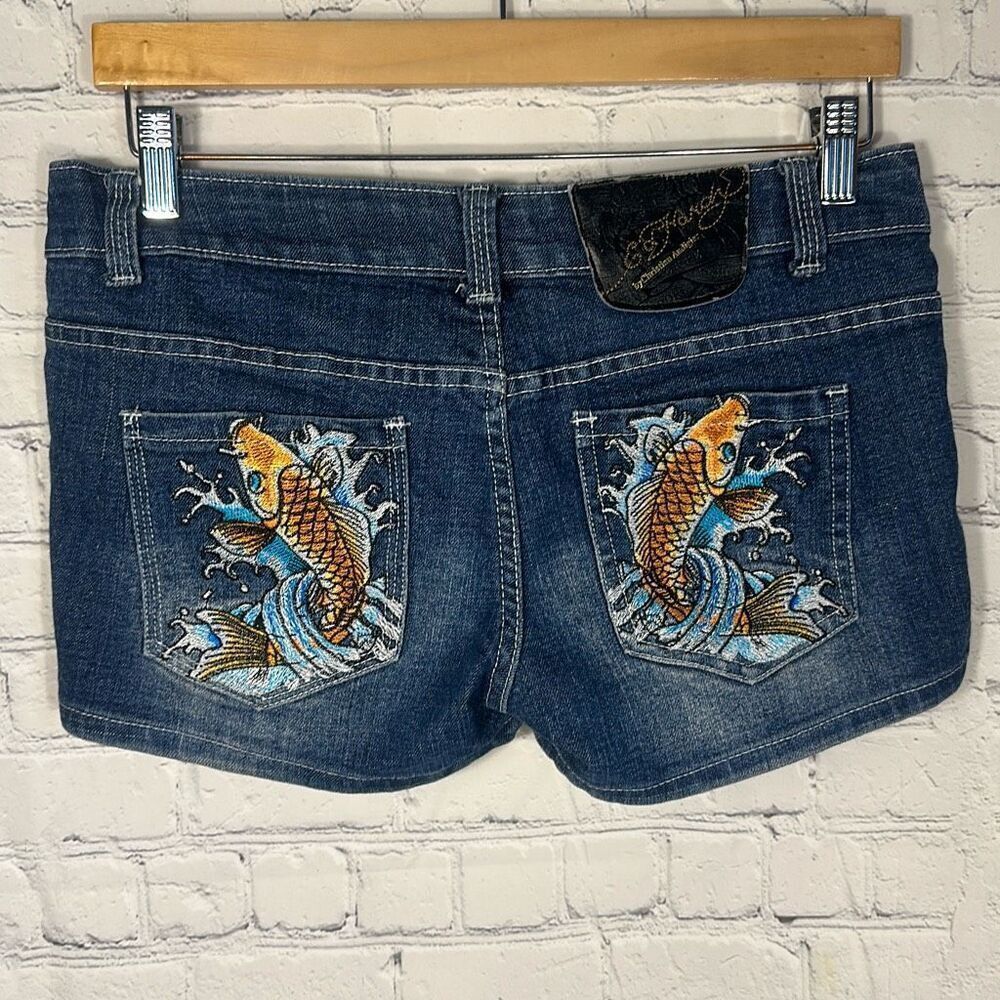 Ed Hardy By Christian Audigier Y2K Denim Shorts Embroidered Fish Size 30